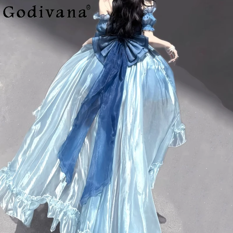 Элегантное длинное платье в стиле Лолиты для девочек, повседневная одежда, карнавальное вечернее платье с рукавами, комплект женского платья принцессы с большим бантом