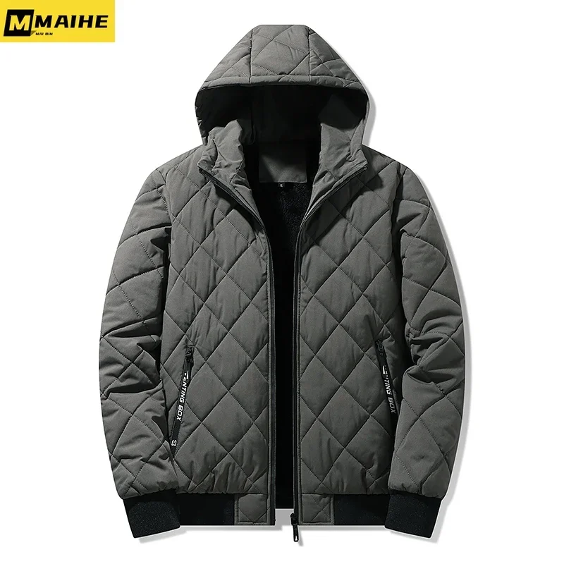 Jaqueta de algodão acolchoada masculina com capuz, textura losango, parkas casual, plus size, outono, inverno, roupas da moda, 5XL