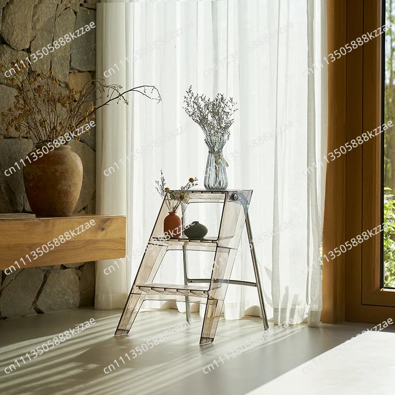 Creative Acrylic Transparent Household Plastic Stepladder Folding Indoor Thickened Herringbone  Storage Three-step Ladder Orange