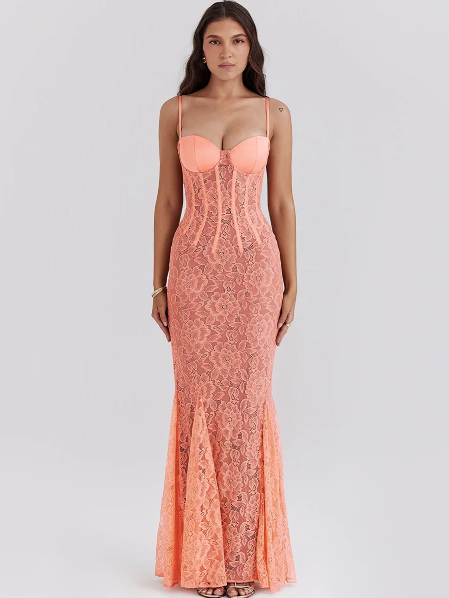 

Women's dress, sexy lace printed camisole skirt, slim fit waist bag, buttocks and fish tail long skirt, 2024 new style.