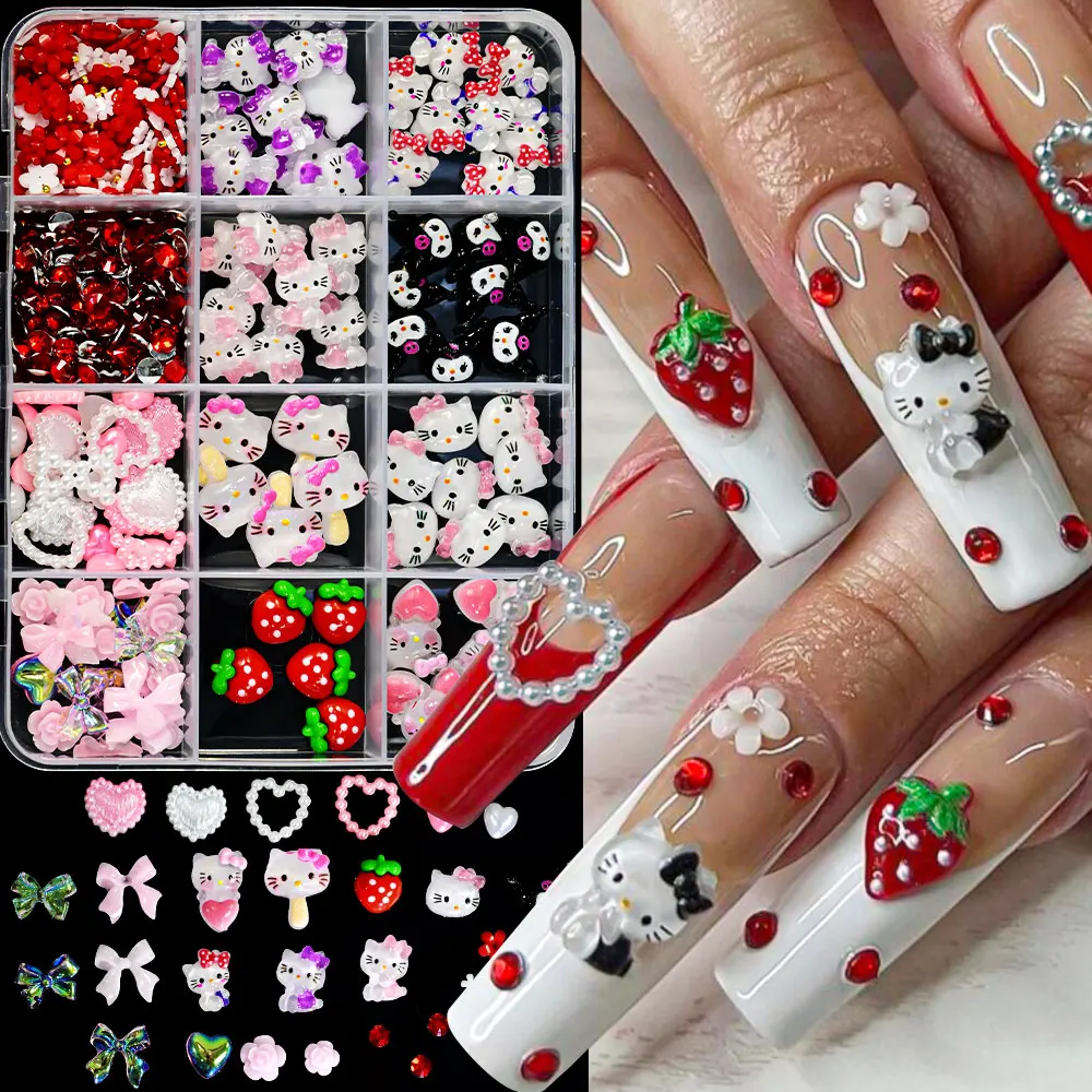 12 grade mix sanrio arco pérola kuromi decoração de unhas amor lua olá kitty morango encantos conjunto diy peças de unhas presente para menina