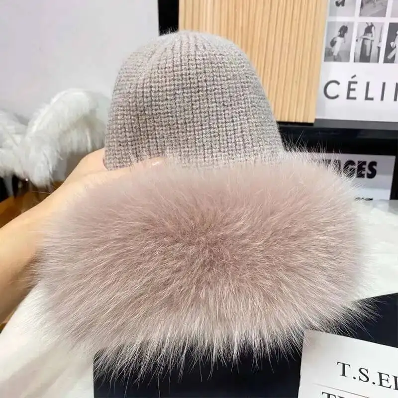 2026 New Real Fox Fur Hat Beanies Hats For Women Winter Warm Fluffy Bone Cap Soft Outdoor Thick Female Dome Hats