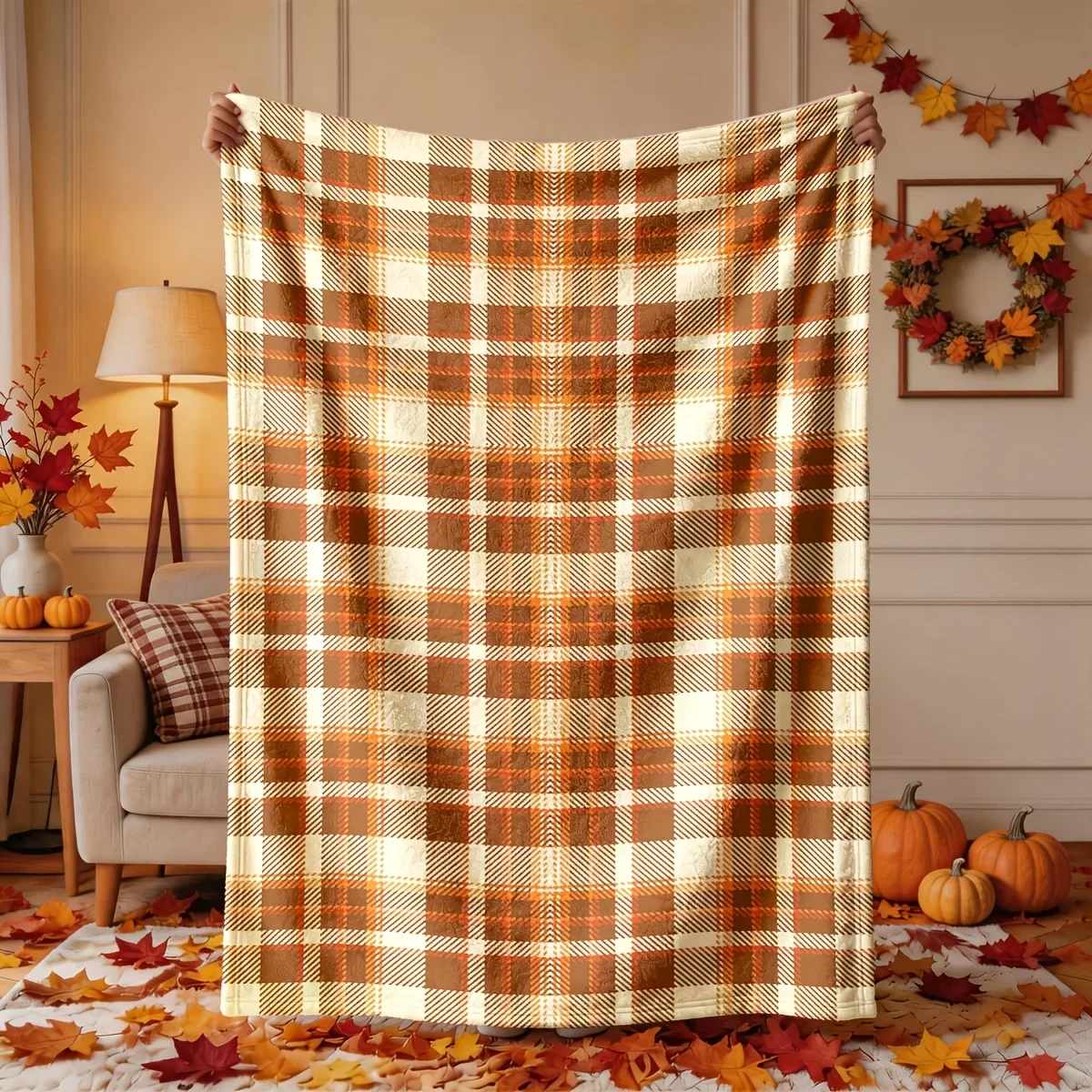 Cozy Autumn Plaid Throw Blanket Fall Decor Chunky Knit Throw for Sofa Bedding Seasonal Home Accent