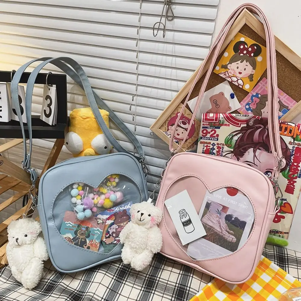 

Cross Body Transparent Badge Bag PU Leather Large Capacity Anime Expo Ita Bag Shoulder Bag Pure Color Heart Goods Display Itabag