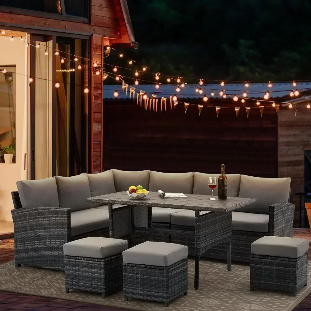 /Outdoor Furniture 7 Piec Set, All Weather Sectional Sofa Conversation Set, Wicker Rattan Couch Diner Table & Chair with Ottoma