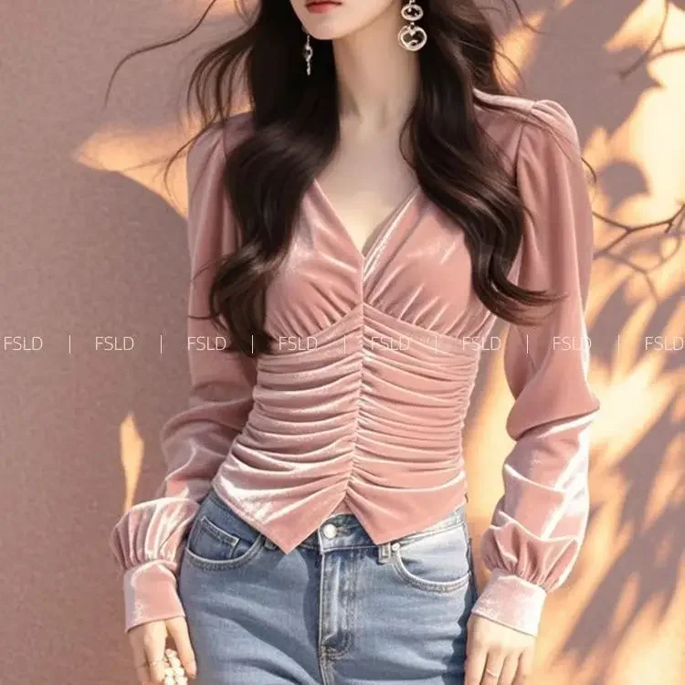 Velvet Long Sleeve T Shirt Women V Neck Casual Lady Tee Youth Elegant Luxury Top Basic Blouse 2026 Fashion New
