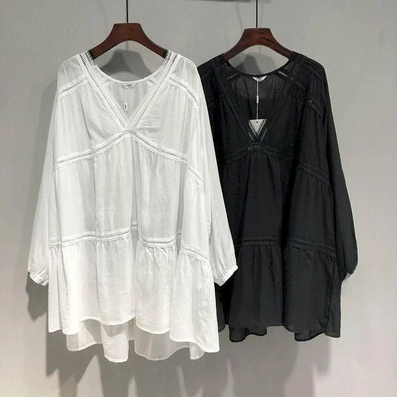 

T-shirts for Women V-neck Sunscreen Solid Oversized Casual Korean Style Thin Mid-length Smock Long Sleeve Large Size Clothes