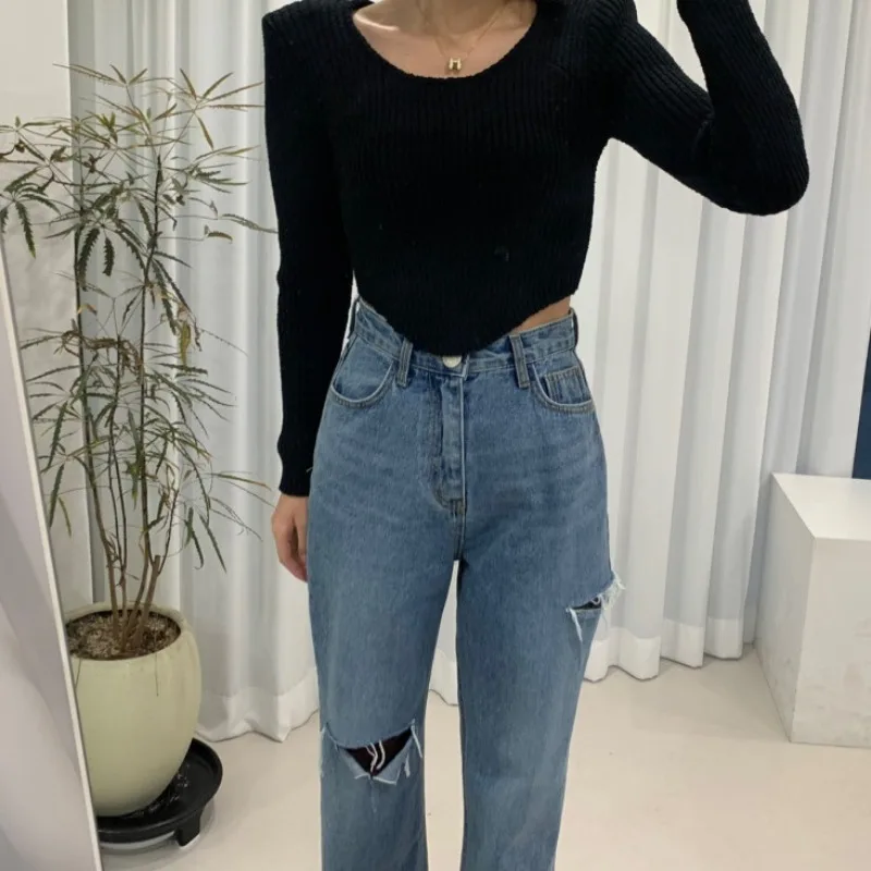 Korean Fashion Style High Waist Slim Asymmetrical Tear Ragged Edge Straight Tube Floor Dragging Denim Pants for Women 2023