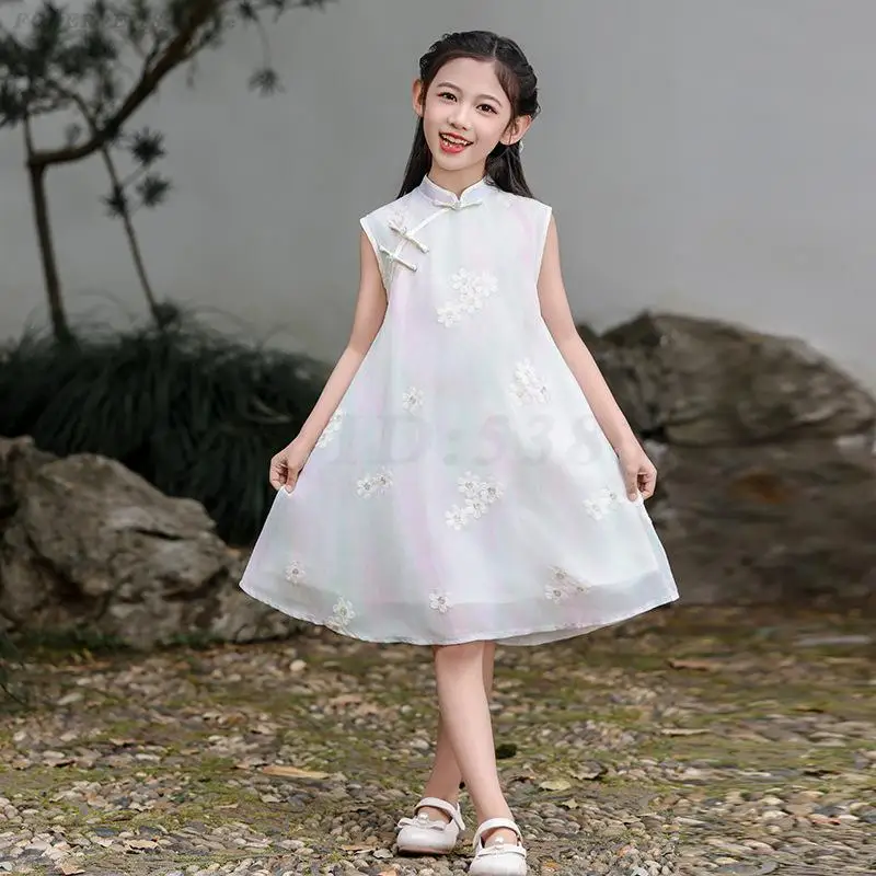 Girls' Summer New Chinese Style Cheongsam Children's Sleeveless Qipao Hanfu Loose Double Layer Princess Dress Sweet Vestidos