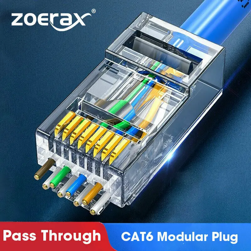 Zoerax CAT6a Cat6 CAT5e Passeren RJ45 Modulaire Plug Network Connectors Utp 30μ Vergulde 1.2Mm Gat End voor Ethernet Kabel