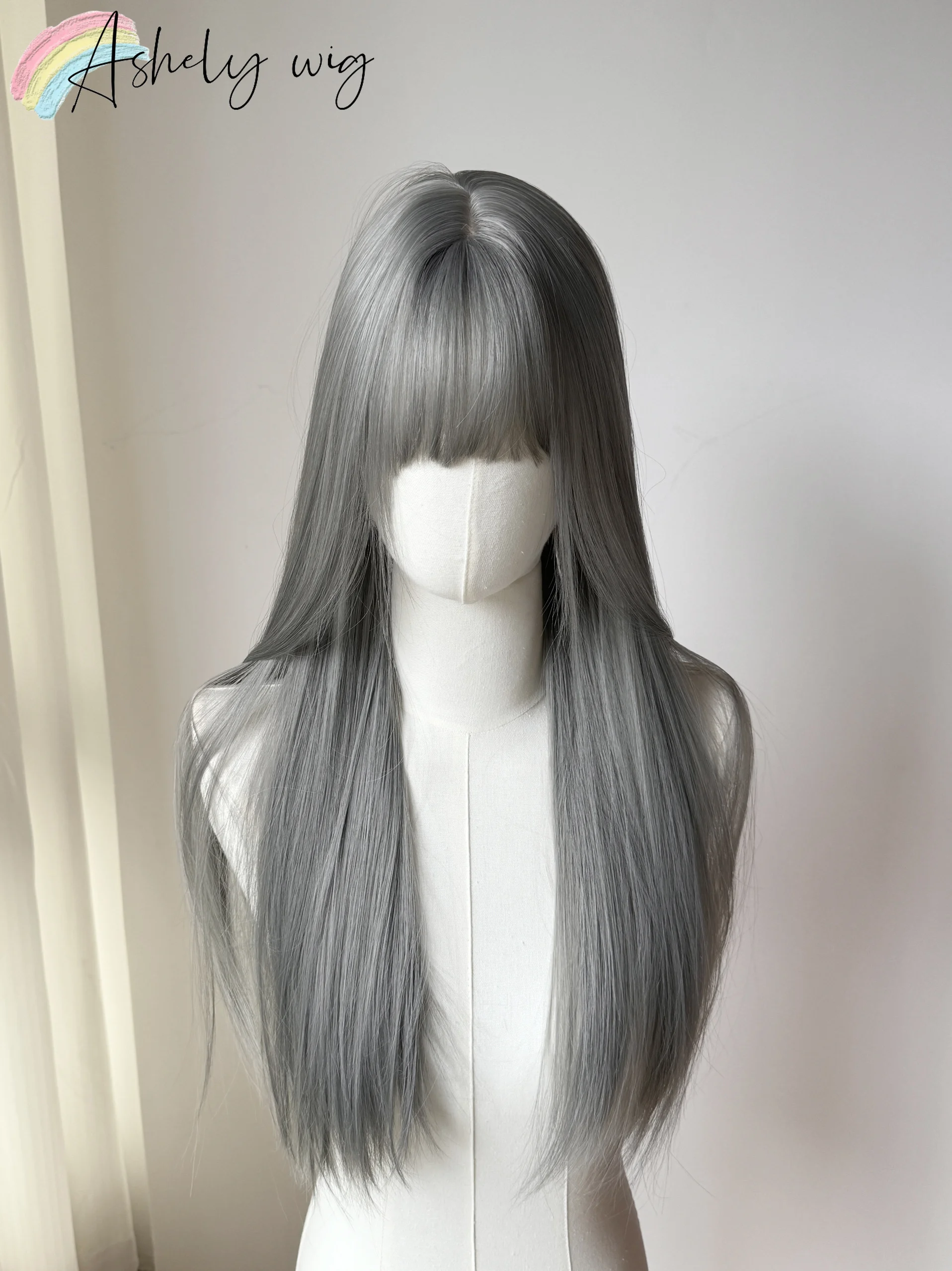 Ashely Gray Wigs with Bangs 24inch Long Straight Lolita Wig for Women High Temperature Fibers Sliver Headband Synthetic Wigs