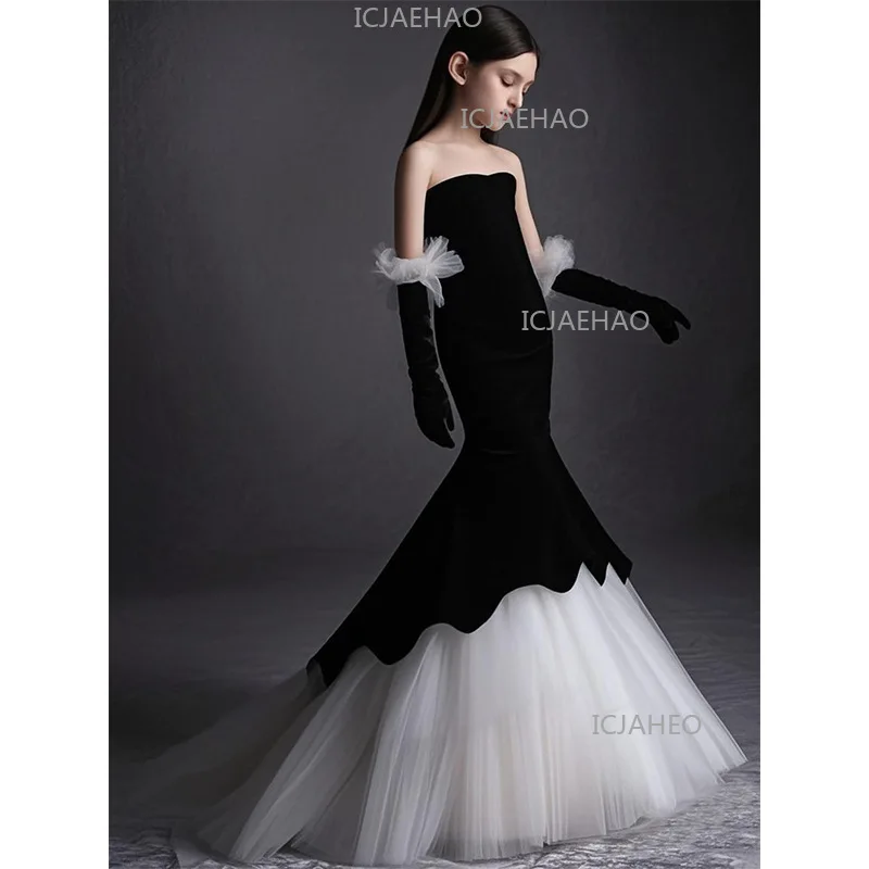 2026 New Black Girls Formal Dress Children Black Runway Host Performance Sweep Train Princess Gown Long Dresses Kids Costume