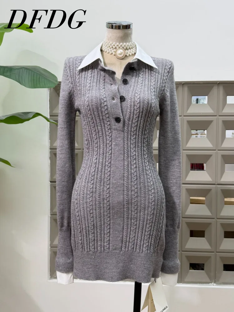 

DFDG женское весенне-летнее серое вязаное платье с воротником на пуговицах спереди, облегающее платье, повседневное женственное модное повседневное платье 2025 года