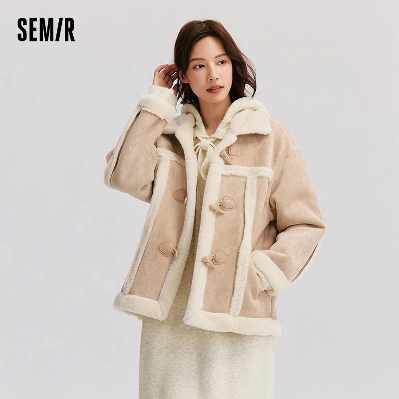 Semir Coat Women Buckle Lapel Loose Retro Literary 2024 Winter New Imitation Suede Imitation Rabbit Fur Jacket