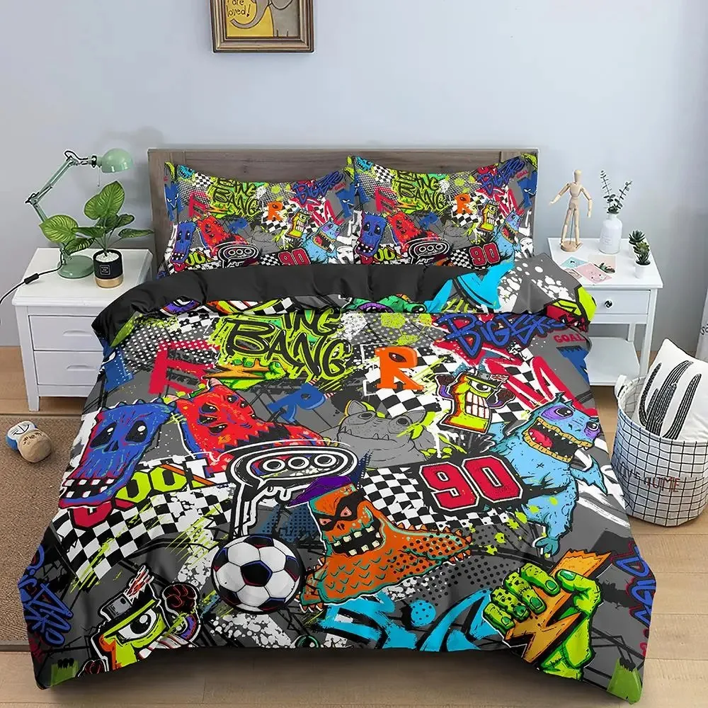 Hippie Set tempat tidur grafiti, Set selimut penutup Quilt pola komik dewasa remaja Hip Hop Set penutup selimut ukuran King Queen