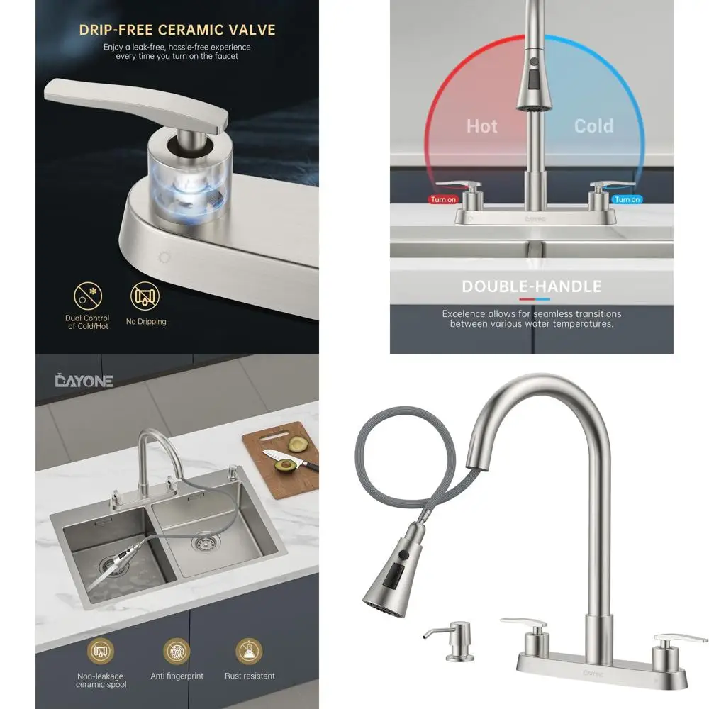 

Stainless Steel 4-Hole Kitchen Faucet with Pull-Down Spray and Soap Dispenser, Brushed Nickel Finish