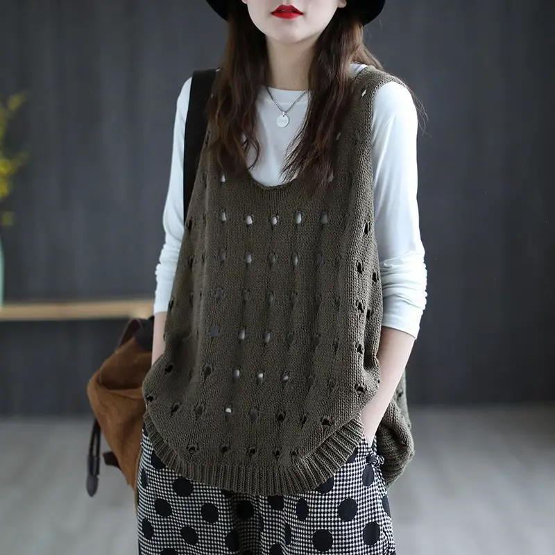 Women Clothing Autumn Vintage Simple Casual Hollow Y2K Sweater Vest Female Solid Sleeveless Loose All Match Knitted Waistcoat