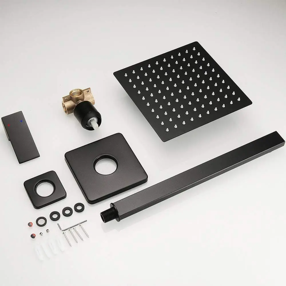 Square Matte Black Shower Set with Single Function Trim, Rain Head, and Extended Shower Arm