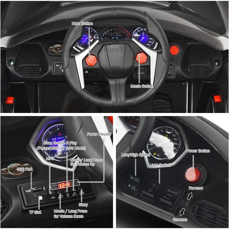 12Vバッテリー駆動の電動乗用玩具車、手動・リモコンモード、LEDライト、ホーン、音楽、MP3、USB、TFカード、3段階速度調整機能付き