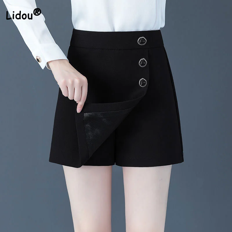 All-match Summer Women's High Waist Shorts Fashion Casual Are Thin Wide-leg Pants Back Zipper Black A-line Package Hip Culottes