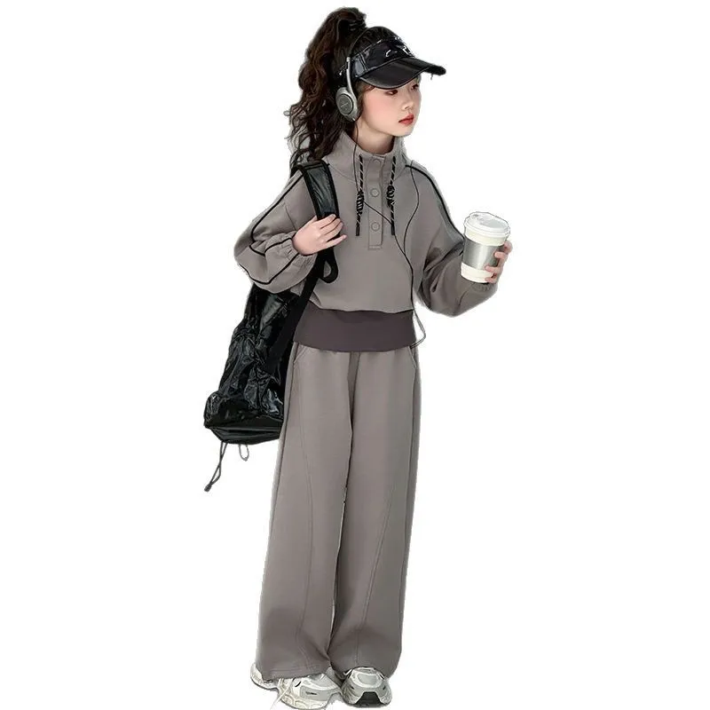

Grey batwing Crop Top sweatshirt top and bottom wide leg Pant suit tracksuit 8 12 year 2026 spring Teenager Clothes Children Set