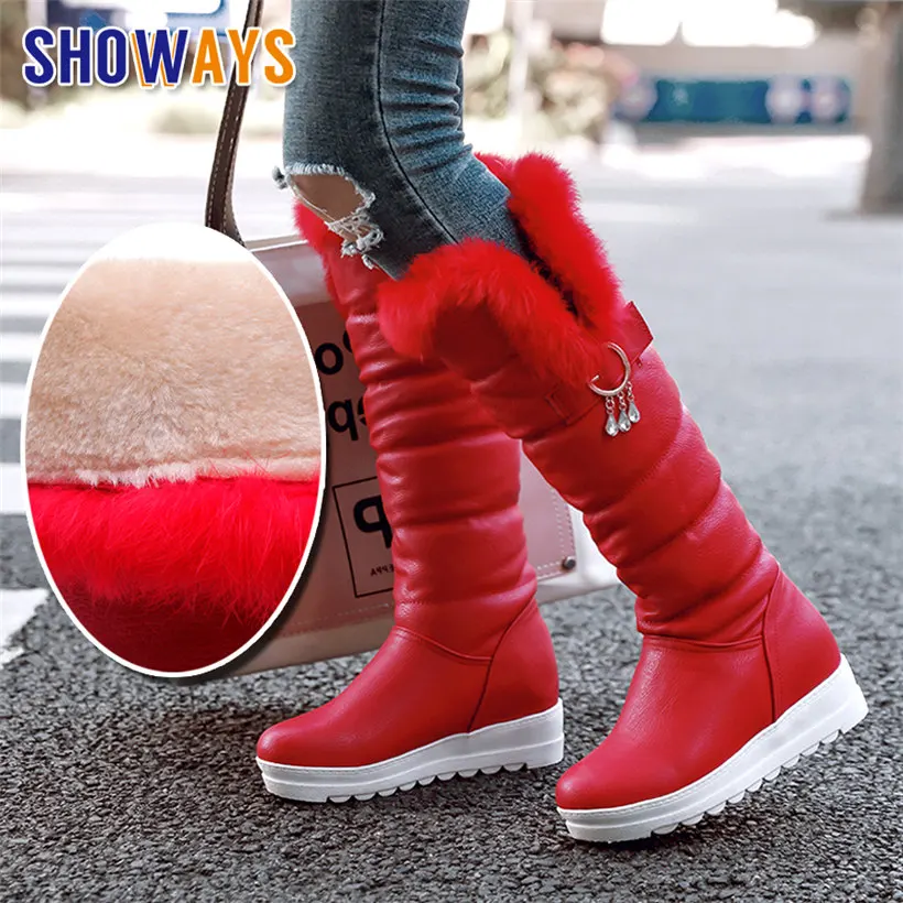 Winter Women Rabbit Fur Plush Knee-high Snow Boots Red White Black Casual Crystal Ring Height Increased Platform Lady Long Boots