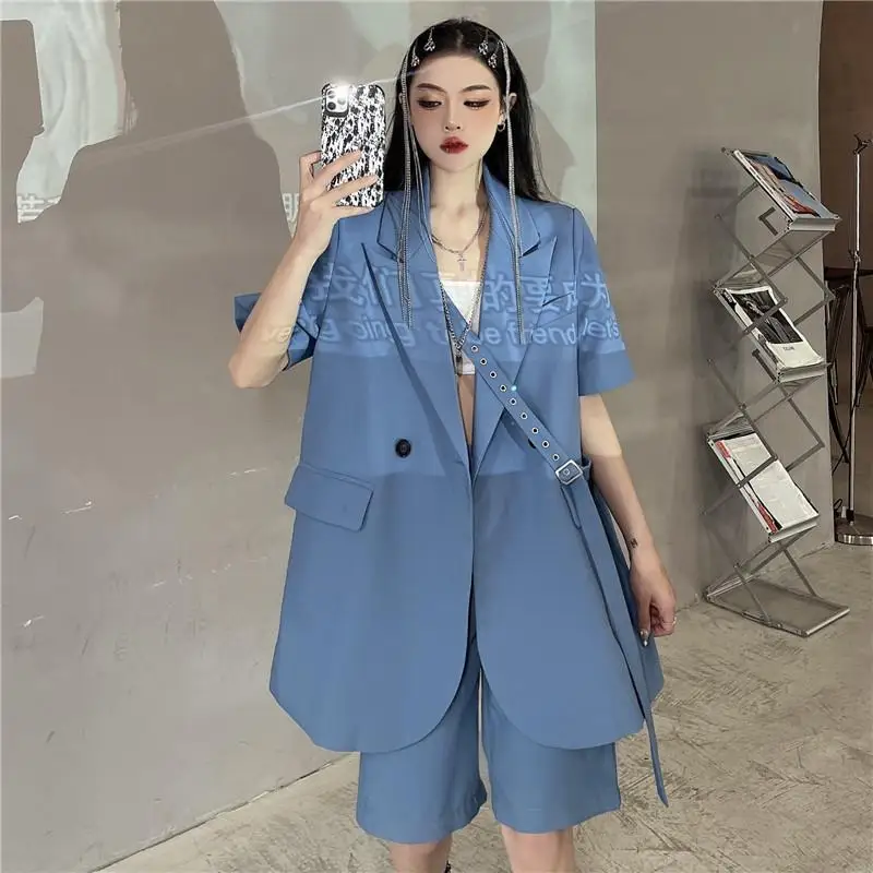 Summer Fashion Two Piece Suit Women New Loose Short Sleeve Blazers + Casual High Waist Shorts Woman Sets