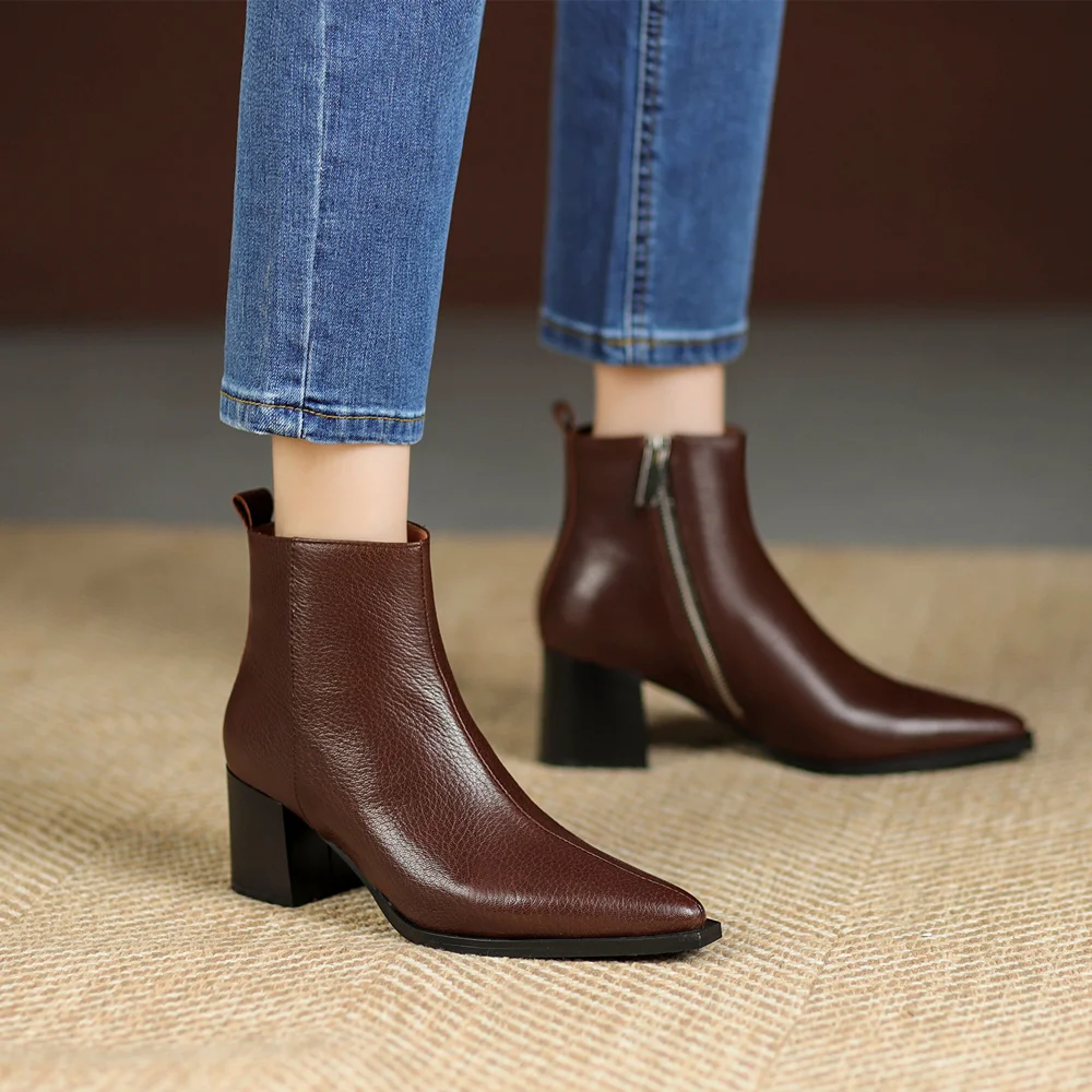 FEDONAS New Women Ankle Boots Autumn Winter Thick High Heels Pointed Toe Mature Office Lady Side Zipper Shoes Woman Retro Style