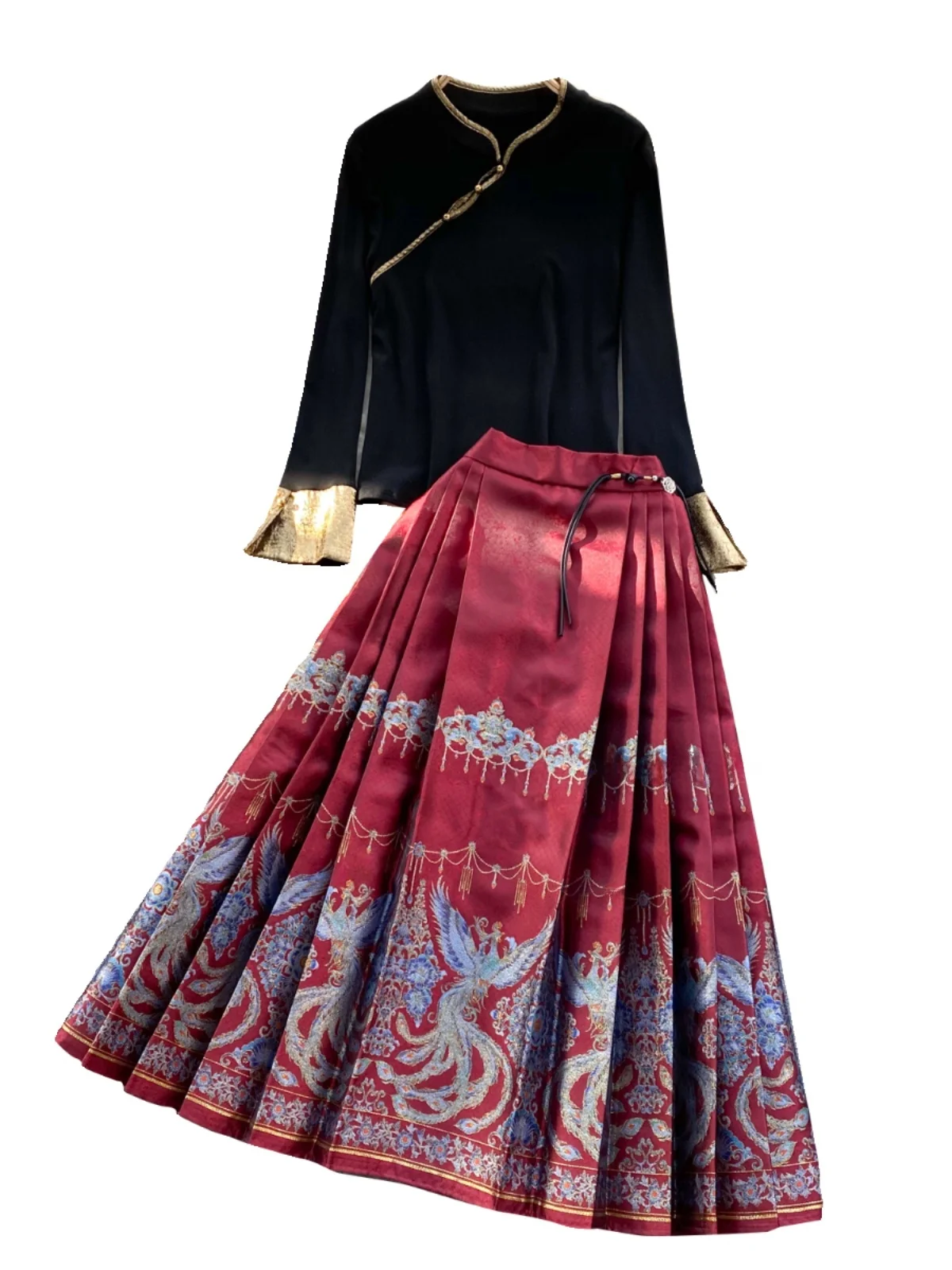 Conjunto de saia midi de cintura alta f novo estilo chinês manga sino superior versátil conjunto de duas peças moda pr...