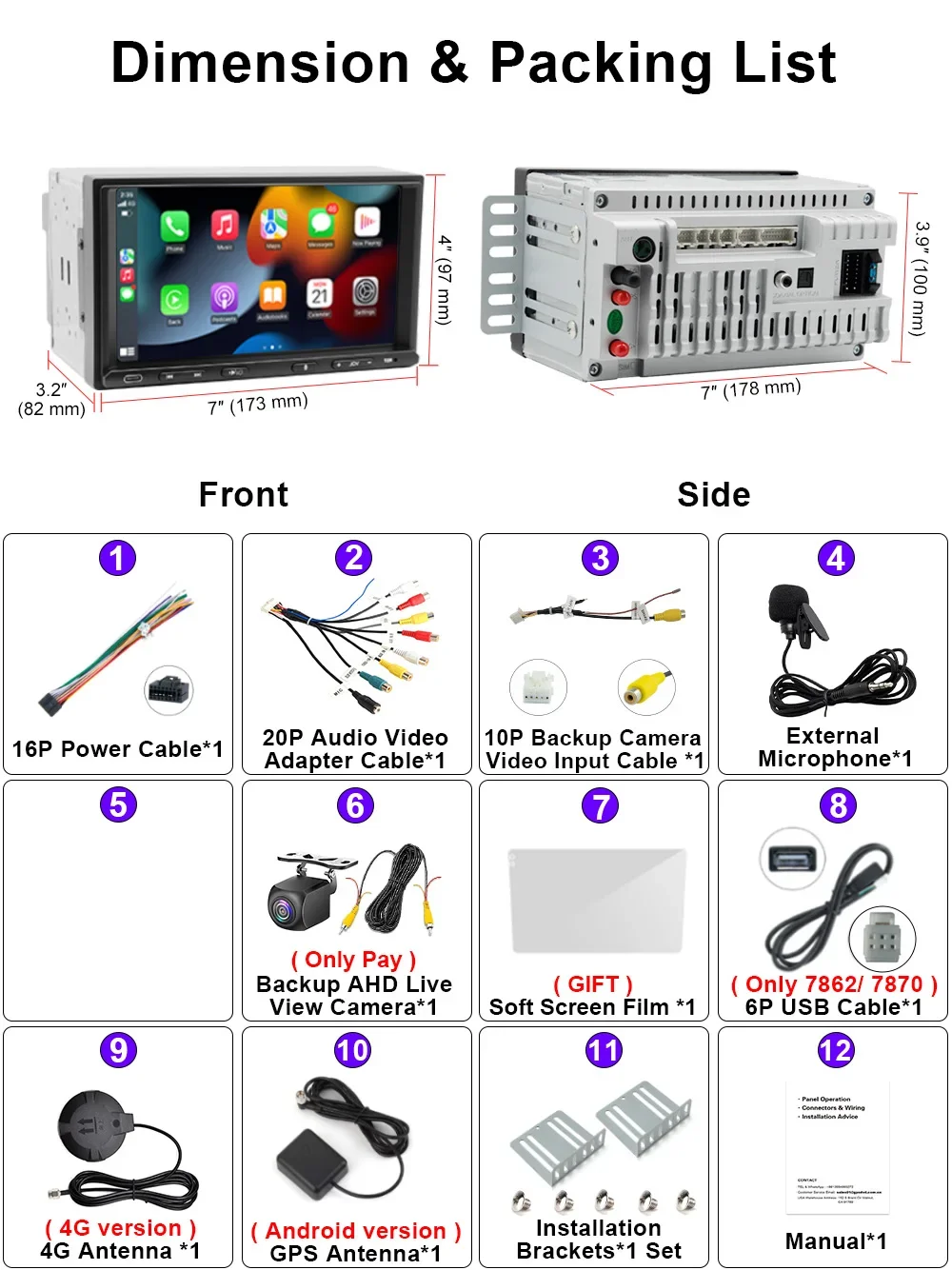 Universale doppio 2 Din 7 pollici autoradio Wireless cablato Android Auto CarPlay lettore MP5 con telecamera di Backup per unità principale Stereo