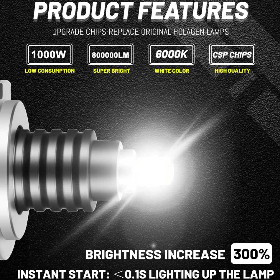 1000W 3D 360 H7 Led Canbus Car Headlights Bulbs 800000LM H11 H1 HB3 9005 HB4 9006 9012 Hir2 Automotive Fog Light Turbo Mini Lamp