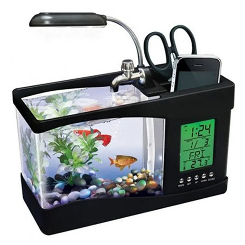 Mini Home Fish Tank USB Creative Desktop Living Room Office Desk Fish Tank Aquarium Intelligent Calendar Alarm Clock Function