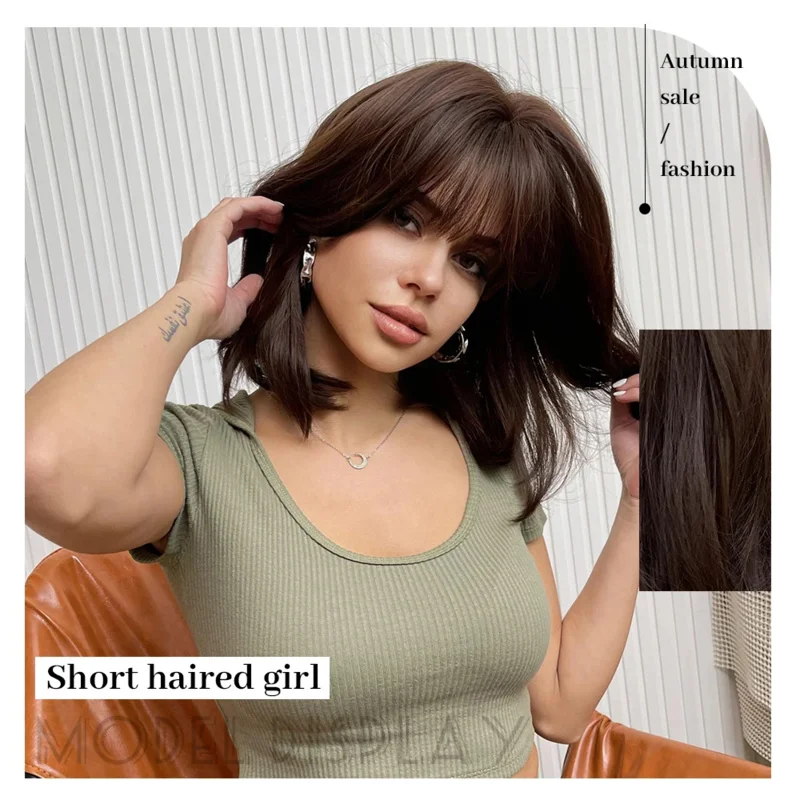 ESIN Synthetic Dark Brown Ombre to Purple Bob Wigs with Bangs for Women medium long Straight Hair Wig Cosplay Hairstyle