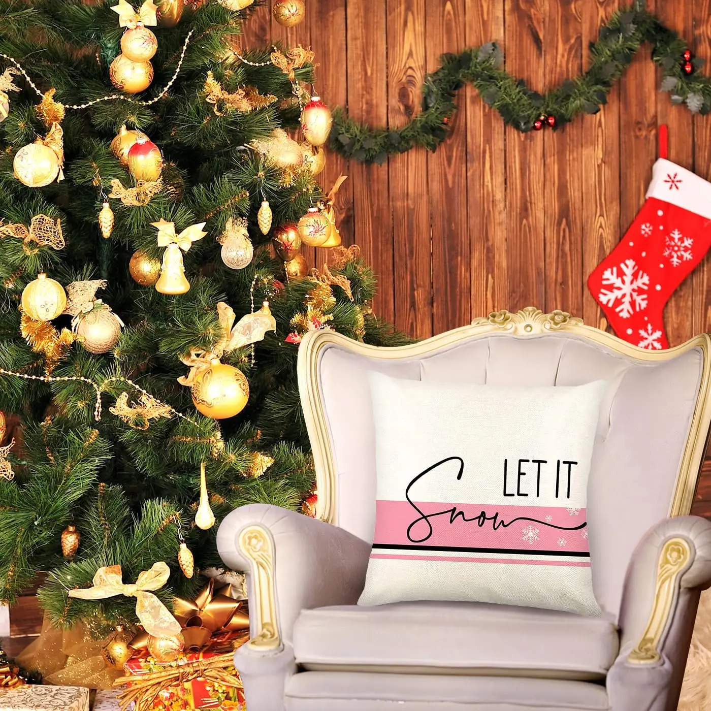Juego de 4 fundas de almohada navideñas, fundas de almohada rosas con árbol de nieve Let It, decoración navideña de Hello