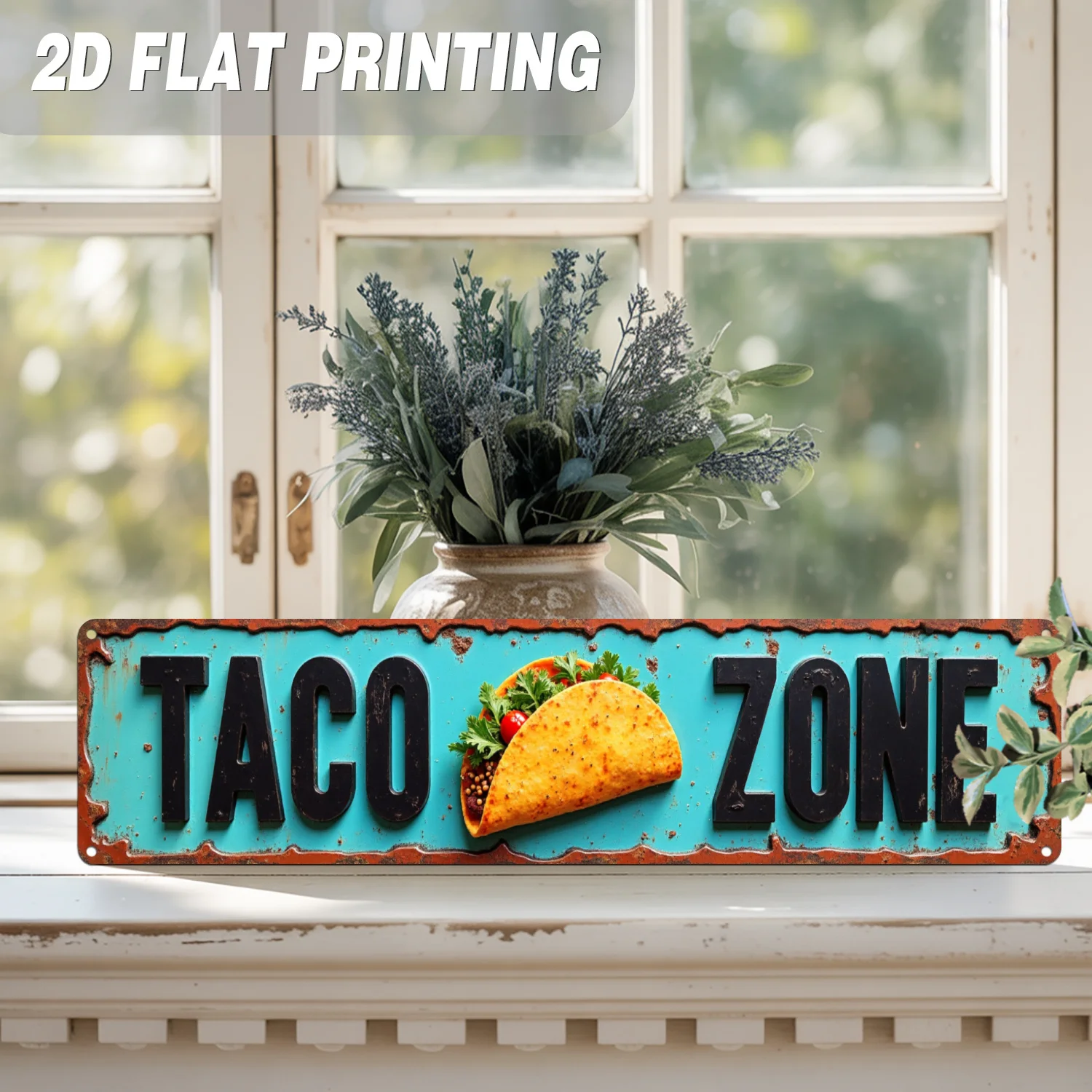 2D Flat Retro Taco Zone Metal Wall Decor - Teal and Black Mexican Decoration, with Taco Gyoza and Accents, Wrought Iron Vintage