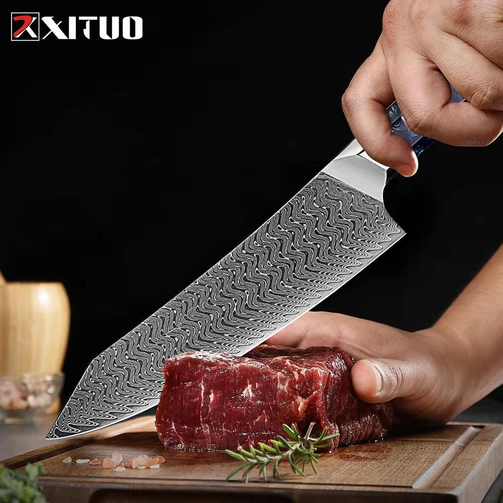XITUO 8 inch Japanese Kiritsuke Chef Knife, Hand Forged 67 Layers Damascus Steel Kitchen Knives, Pro Meat Sushi Chef's Knife
