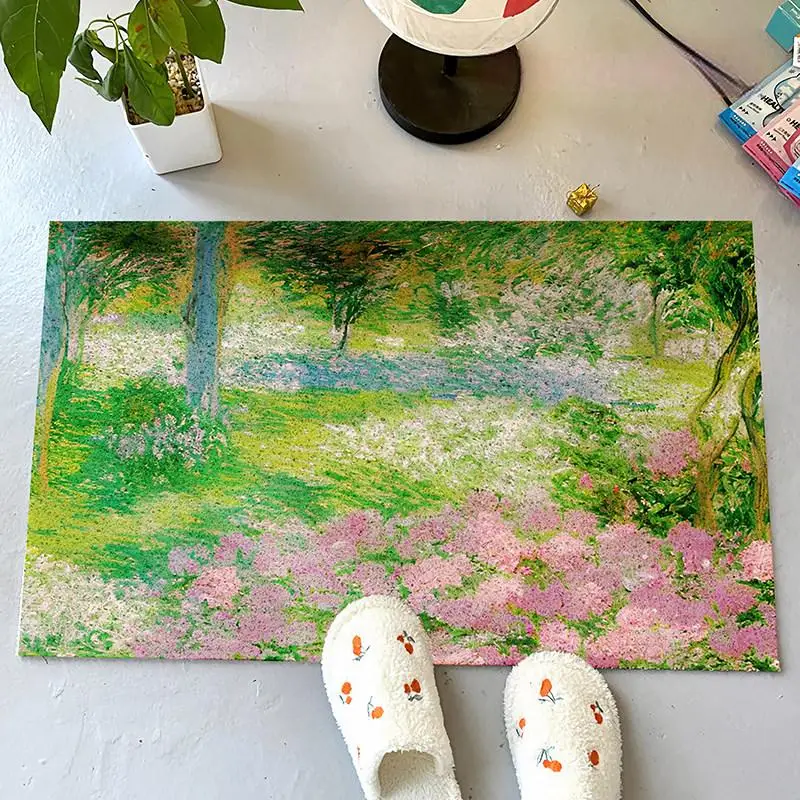 Impressionist Spring Flower Pattern Doormat, Heavy Duty PVC Loop Coil Floor Mat, Elegant Aesthetic Indoor Outdoor Entrance Rug