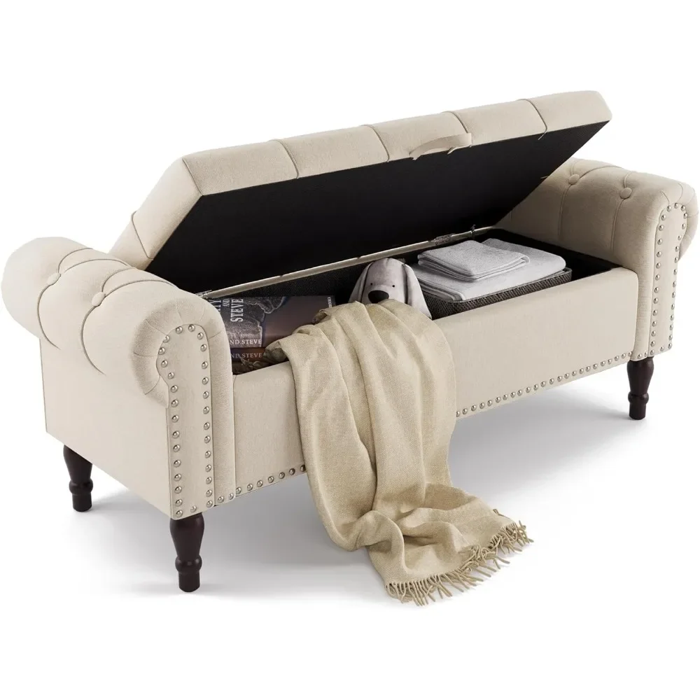 Storage Bench, Queen Linen Tufted Button End of Bed Bench with Rolled Arm and Nailhead Trim, Upholstered Bedroom Ottoman Bench