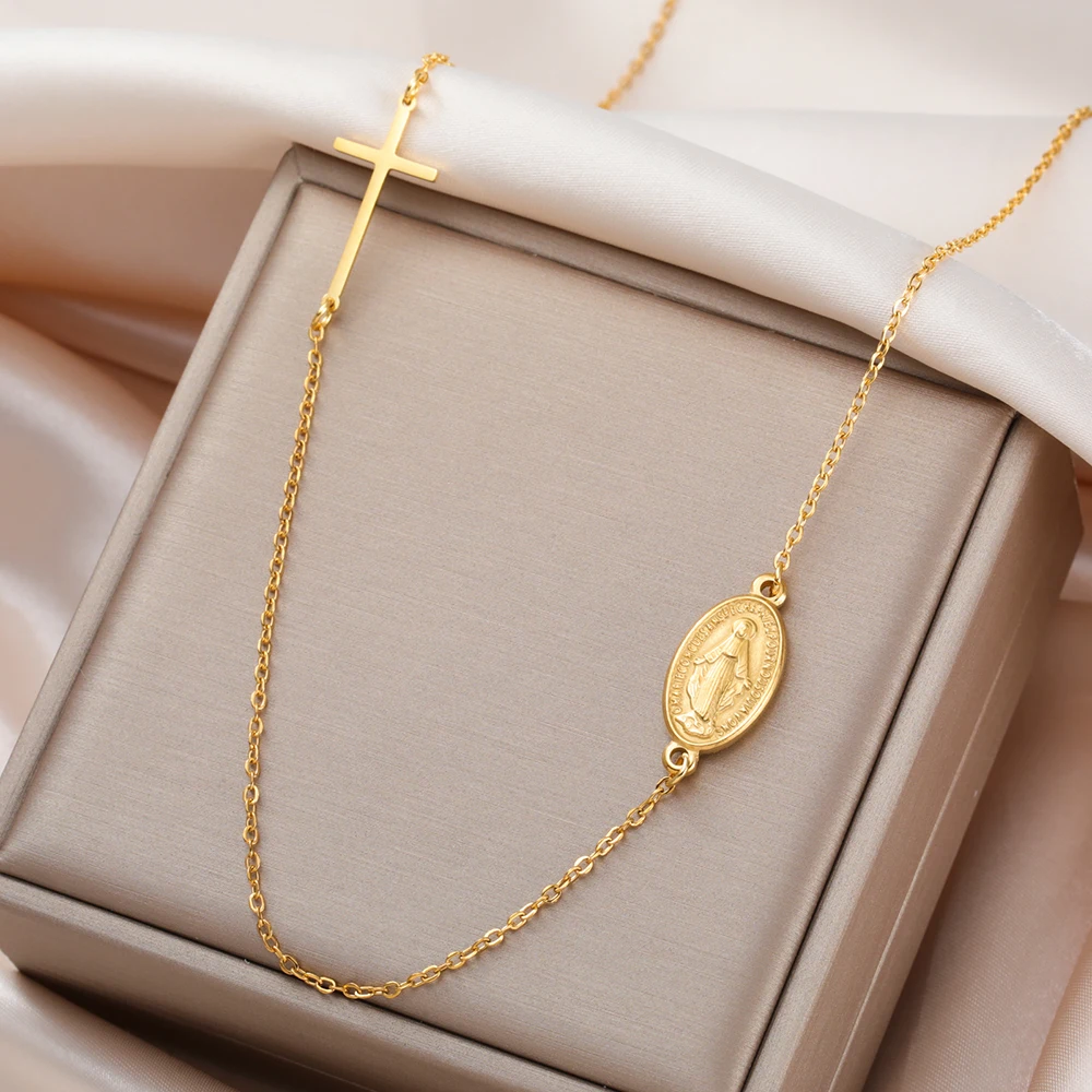 داوابارا مريم العذراء الصليب قلادة الصلاة الدينية نعمة المعمودية الكاثوليكية هدايا عيد الميلاد مجوهرات من صلب لا يصدأ