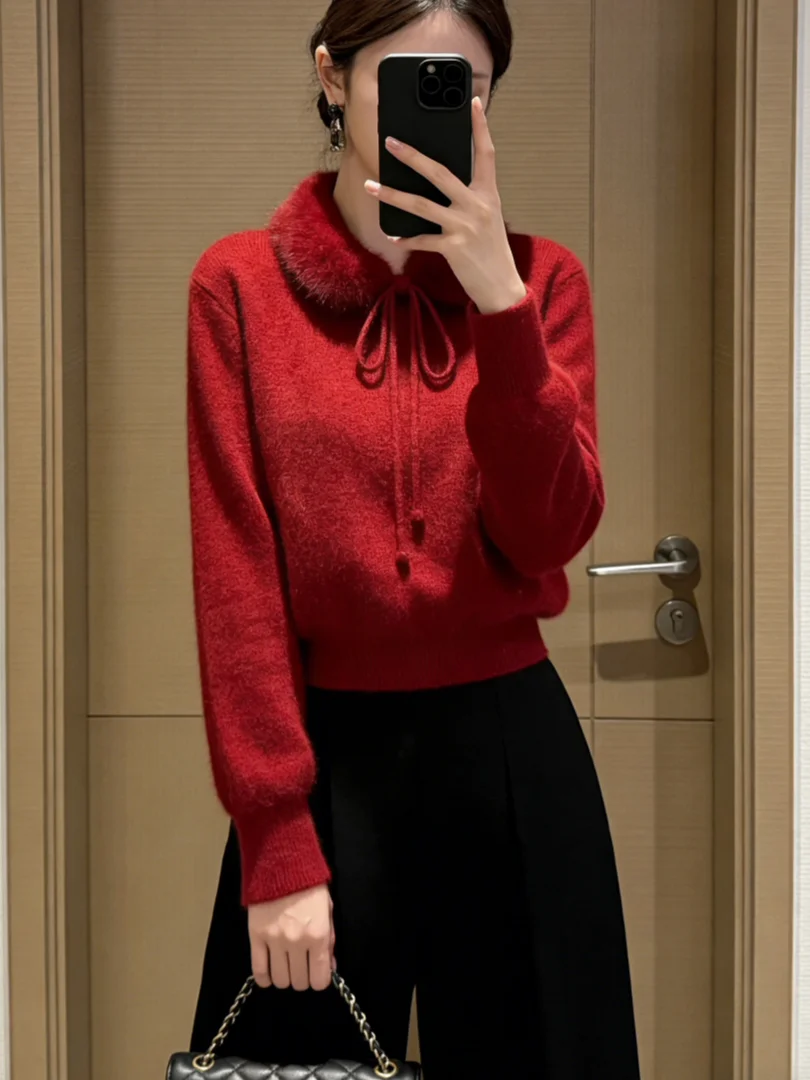 

Unique Red Knitted Sweater ort Sle Korean System Spring Faion High-End Sensation Beautiful Lightweight Luxury Top