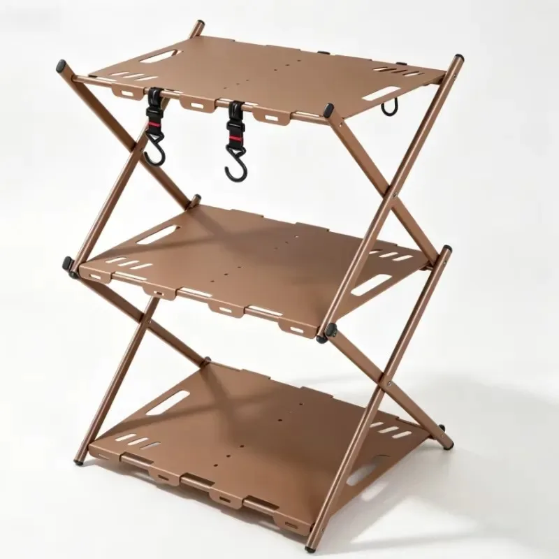 The three-story camping storage rack is made of carbon steel and steel plates, with a sturdy frame that folds quickly.