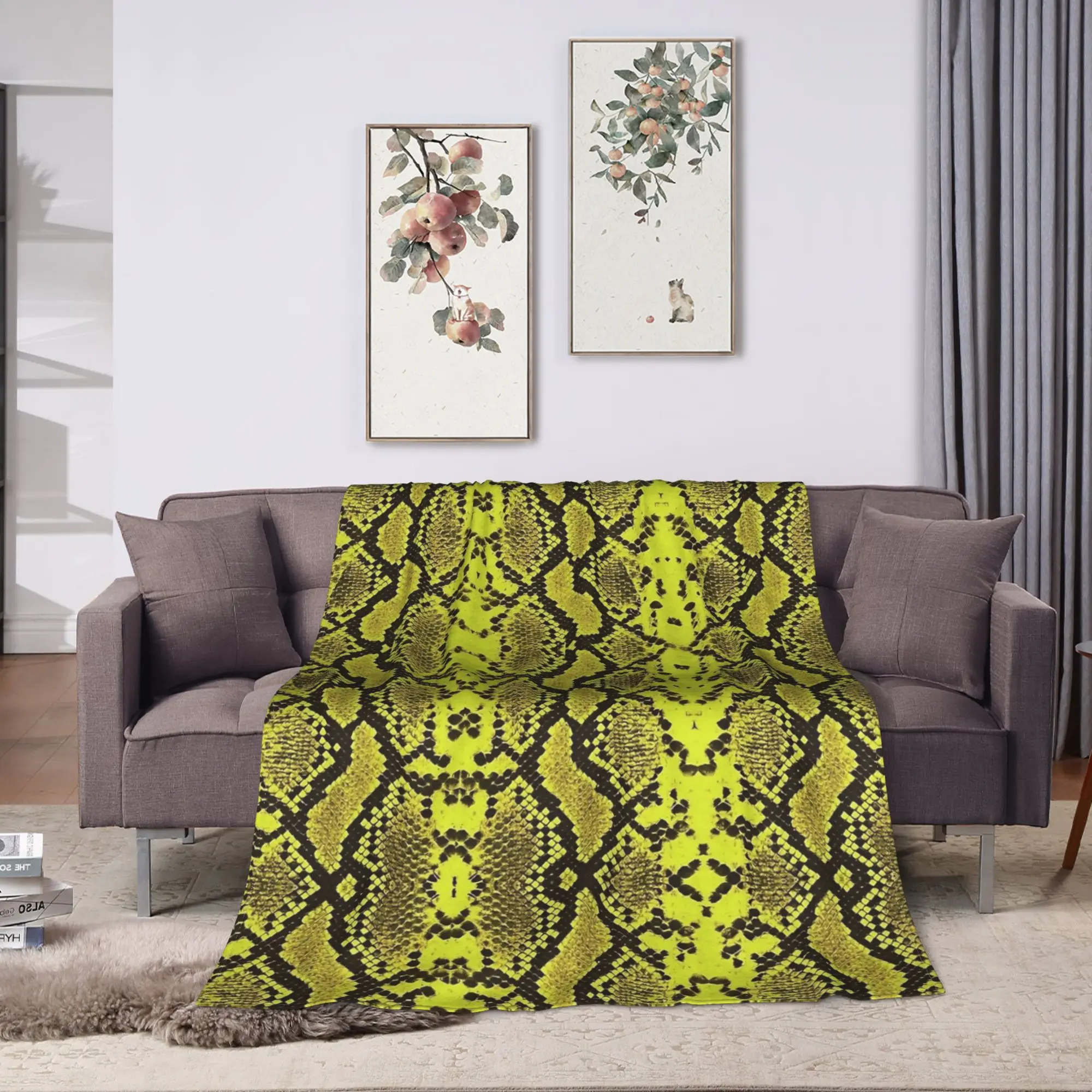 Super Warm Blanket Camping Snakeskin Snake Skin Neon Green Throw Blanket  Flannel Bedspread For Bedroom Funny Sofa Bed Cover