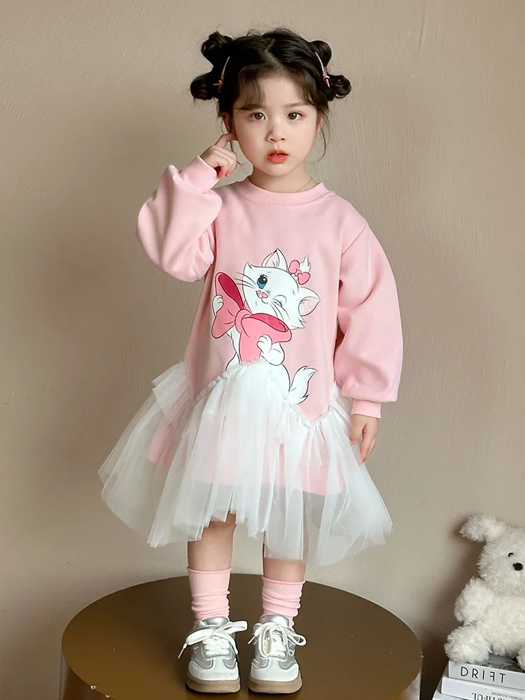 

Disney Girls' Autumn Dress Baby Mary Cat Printed Long Sleeve Splicing Hoodie Mesh Skirt Children's Sweet Cute Princess Skirt