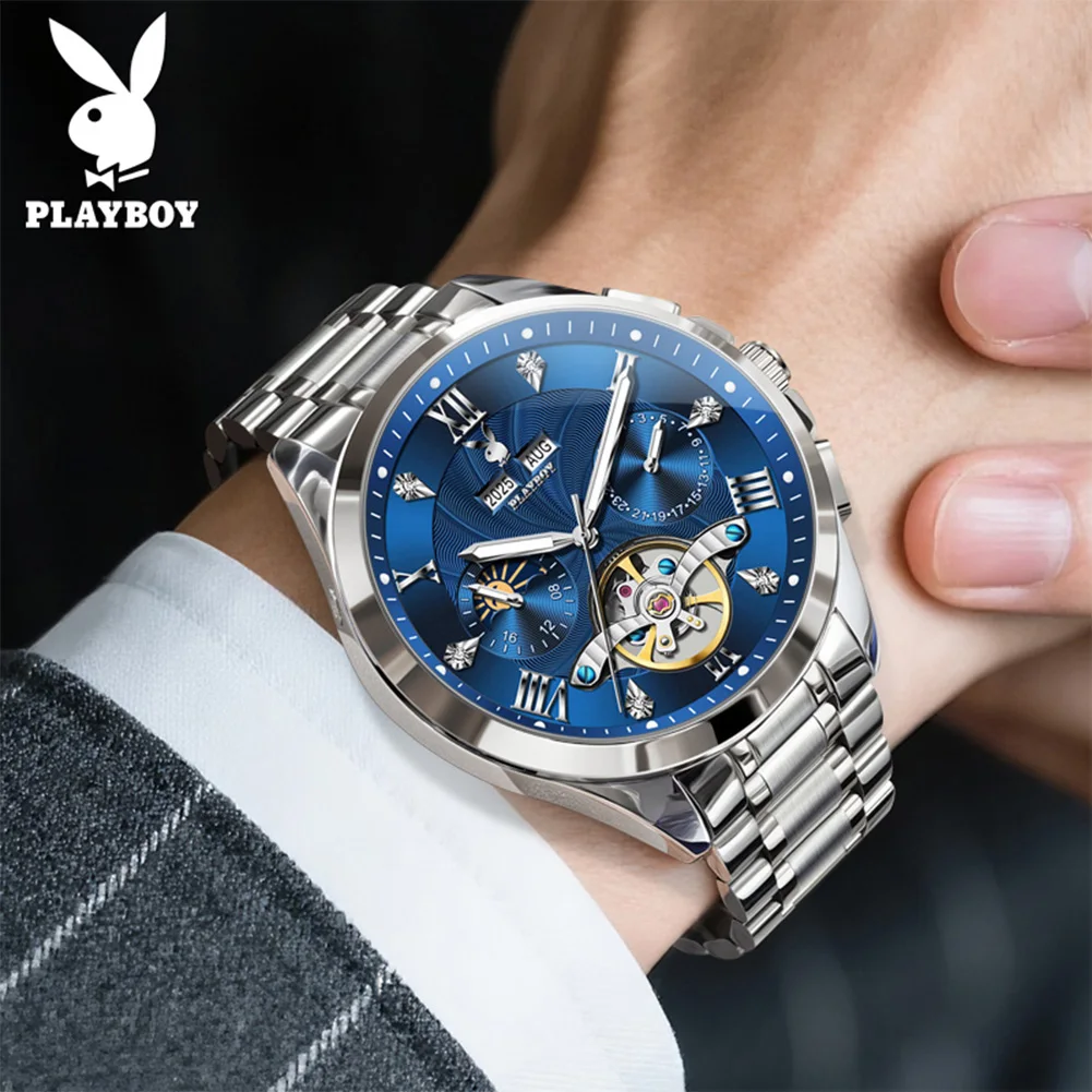 PLAYBOY 3090 Business Men Mechanical Watch Skeleton Flywheel Luminous 24-hour Moon Phase Month Window 30m Waterproof Watch