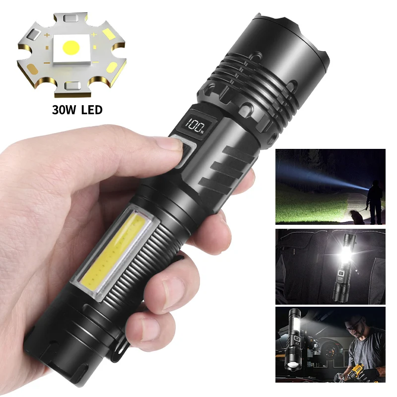 

Spotlight Long Range LED Flashlight With Side COB Tail Magnet Lamp Digital Battery Display Type-C Charging Zoom Torch Lantern