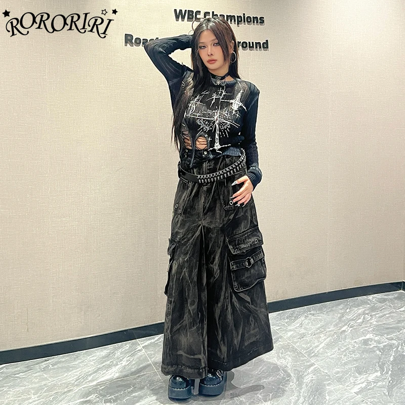 RORORIRI Tie Dye Women Eyelets Pockets Denim Cargo Skirt Pleated Do Old High Waist Long Jeans Skirt Vintage Harajuku Streetwear