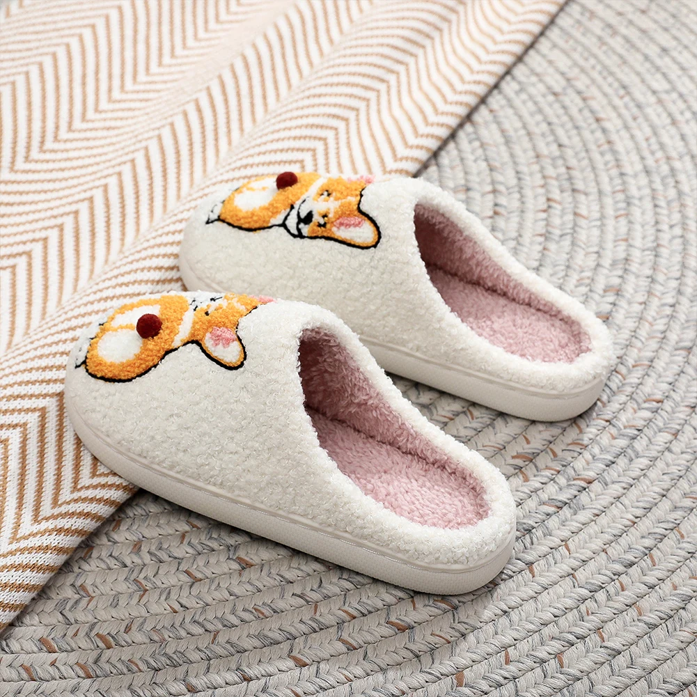 

Plush Dog Slippers Closed Toe Slippers Anti Slip Cartoon Animal Slippers Comfortable Funny Corgi Dog Slippers for Indoor Bedroom