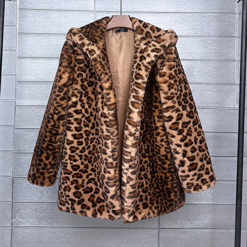 Female Fashion Leopard Print Faux Fur Coat Eco-friendly Hooded Jacket Lady Outerwear Women\'s Winter Coats Factory Direct Sales