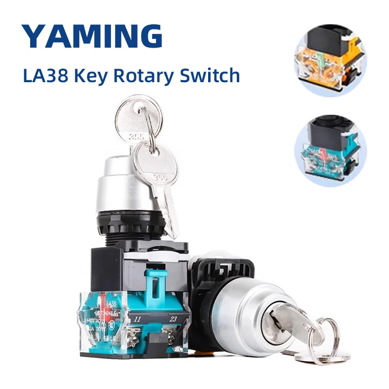 Rotary Key Switch Button Rotate LA38-11Y2 Two Positions 3P Self-locking 22mm Mounting Size 1NO 1NC 2NO