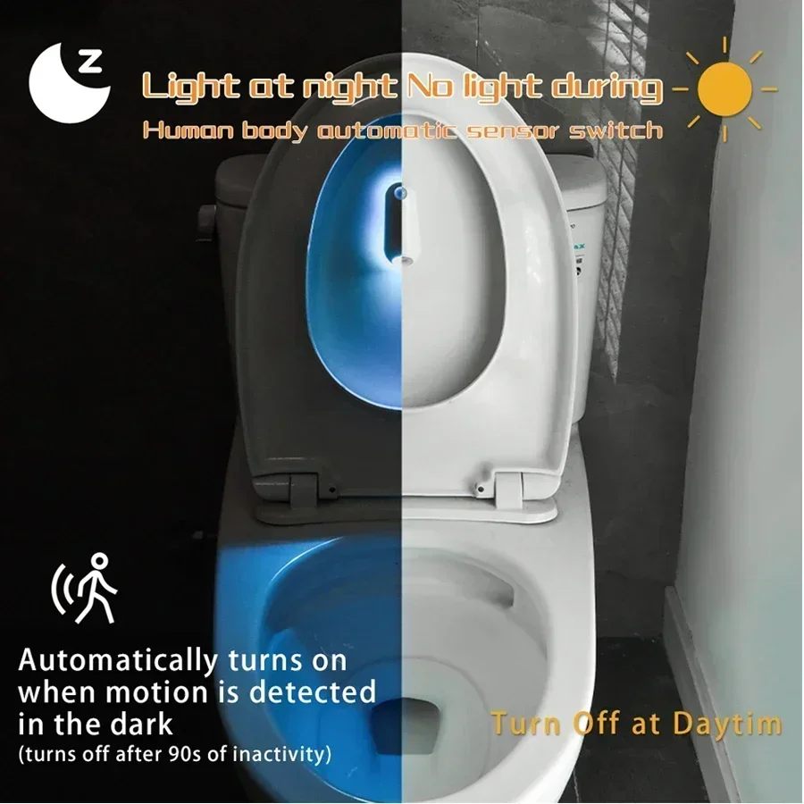 Lámpara de inodoro con Sensor de movimiento, luz de fondo LED recargable de 8 colores, luz nocturna para dormitorio, pasillo, escaleras, baño, luz